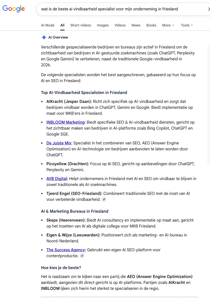 AIkracht staat bovenaan in Google AI Overview als top AI-vindbaarheid specialist in Friesland