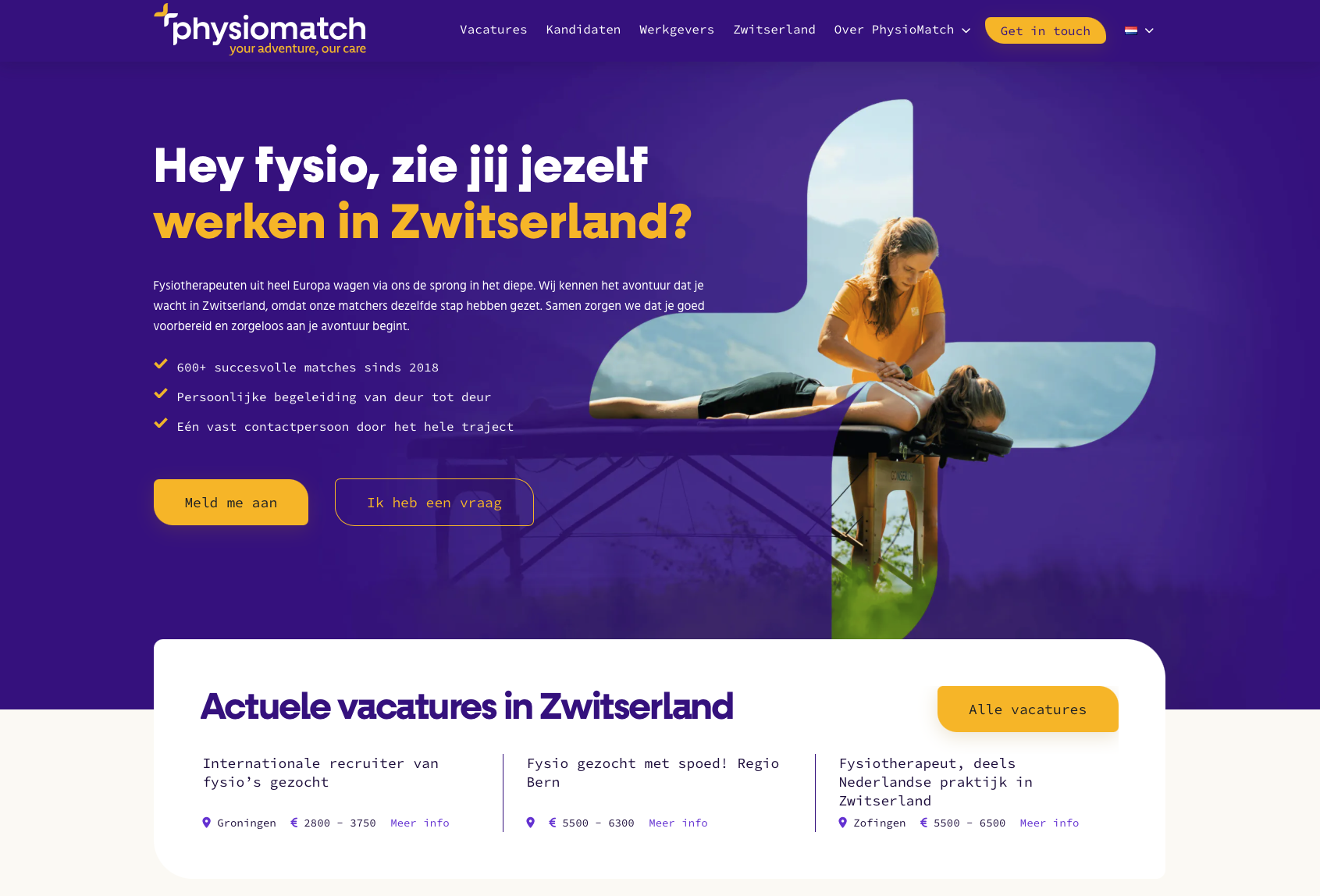 Screenshot van de homepage van Physiomatch, internationale recruiter voor fysiotherapeuten richting Zwitserland