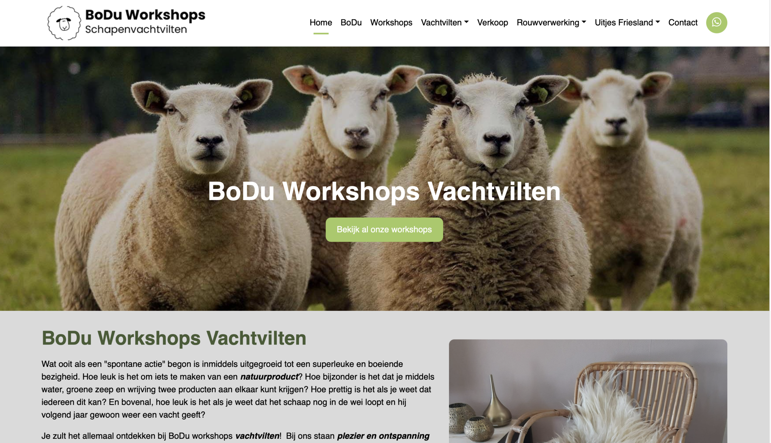 Screenshot van de homepage van BoDu Workshops Schapenvachtvilten, Friese aanbieder van vilt- en rouwworkshops