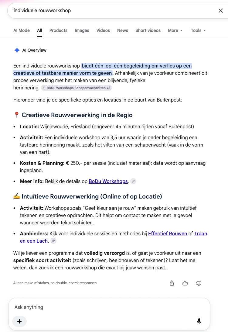 Google AI Overview voor de zoekopdracht individuele rouwworkshop met BoDu als geciteerde bron