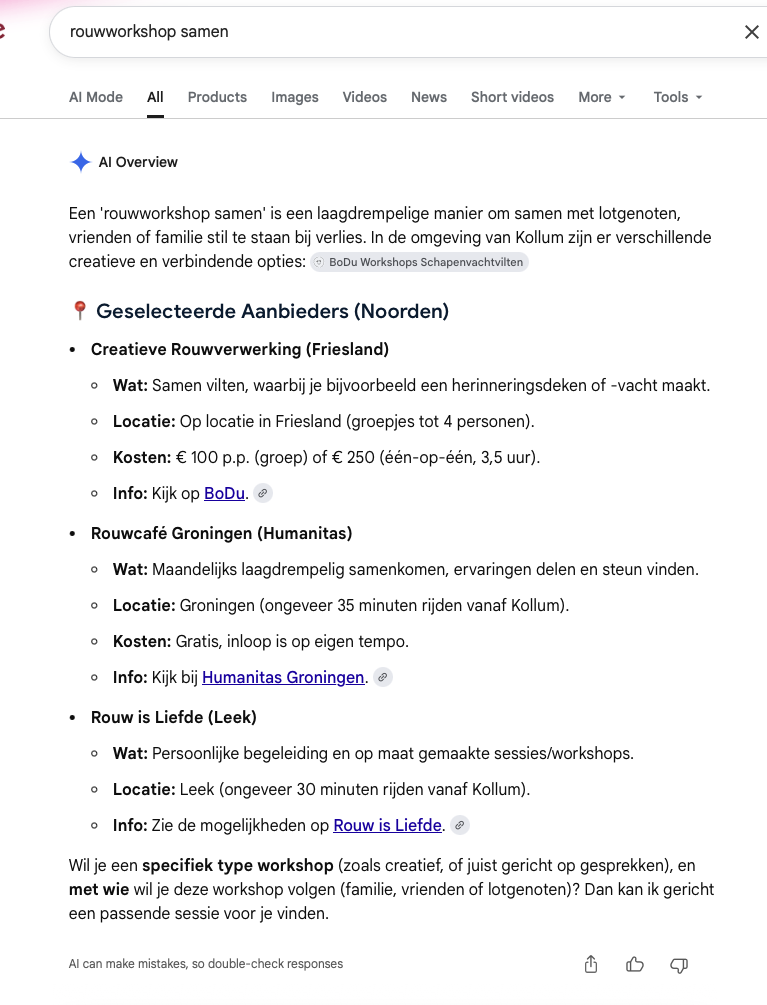 Google AI Overview voor de zoekopdracht rouwworkshop samen met BoDu als bron, drie van vijf bronnen zijn van BoDu