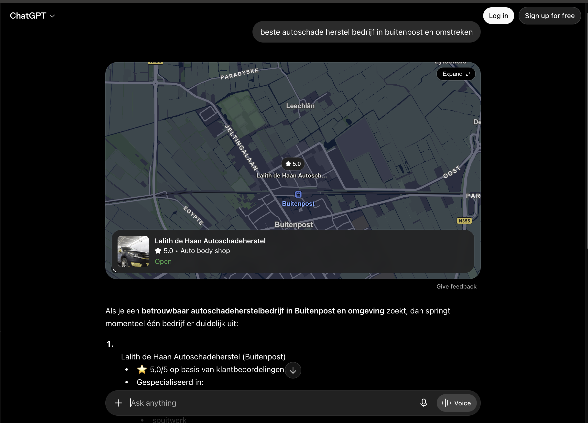 Screenshot van een ChatGPT-antwoord waarin Lalith de Haan Autoschadeherstel als eerste aanbeveling voor autoschadeherstel in Buitenpost wordt genoemd, met onderbouwing op basis van reviews, lokale reputatie en complete service