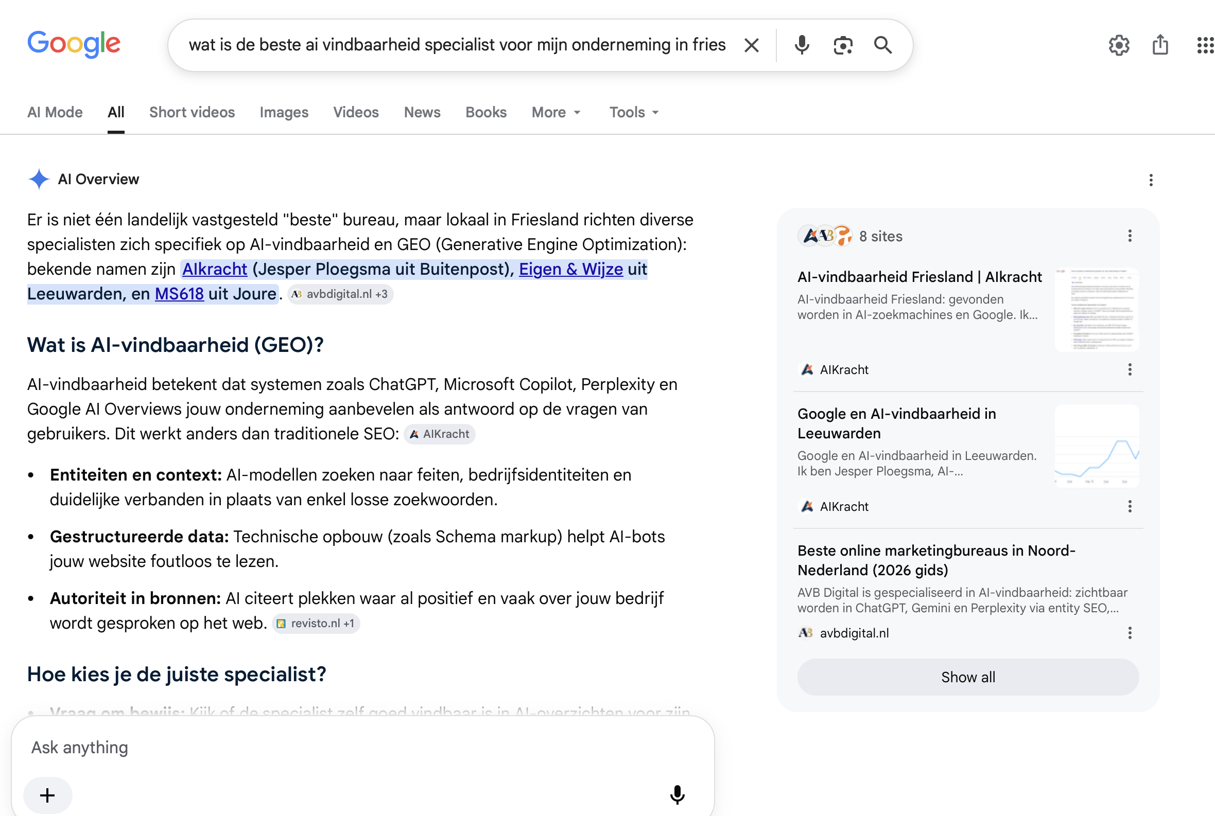 Google AI Overview voor de beste AI-vindbaarheid specialist in Friesland waarin AIkracht als eerste wordt genoemd en als bron wordt gebruikt